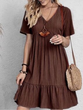 New! Women Coffee Brown Solid Color - V-Neck / Short Sleeve Dress. Large.